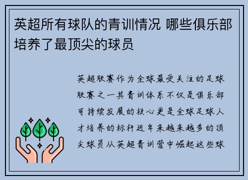 英超所有球队的青训情况 哪些俱乐部培养了最顶尖的球员